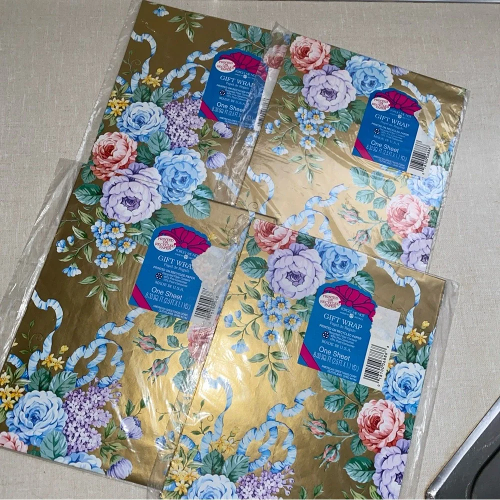 American‎ Greetings Vintage Gold Multiple Color Floral Gift Wrap 4 Sheets Sealed